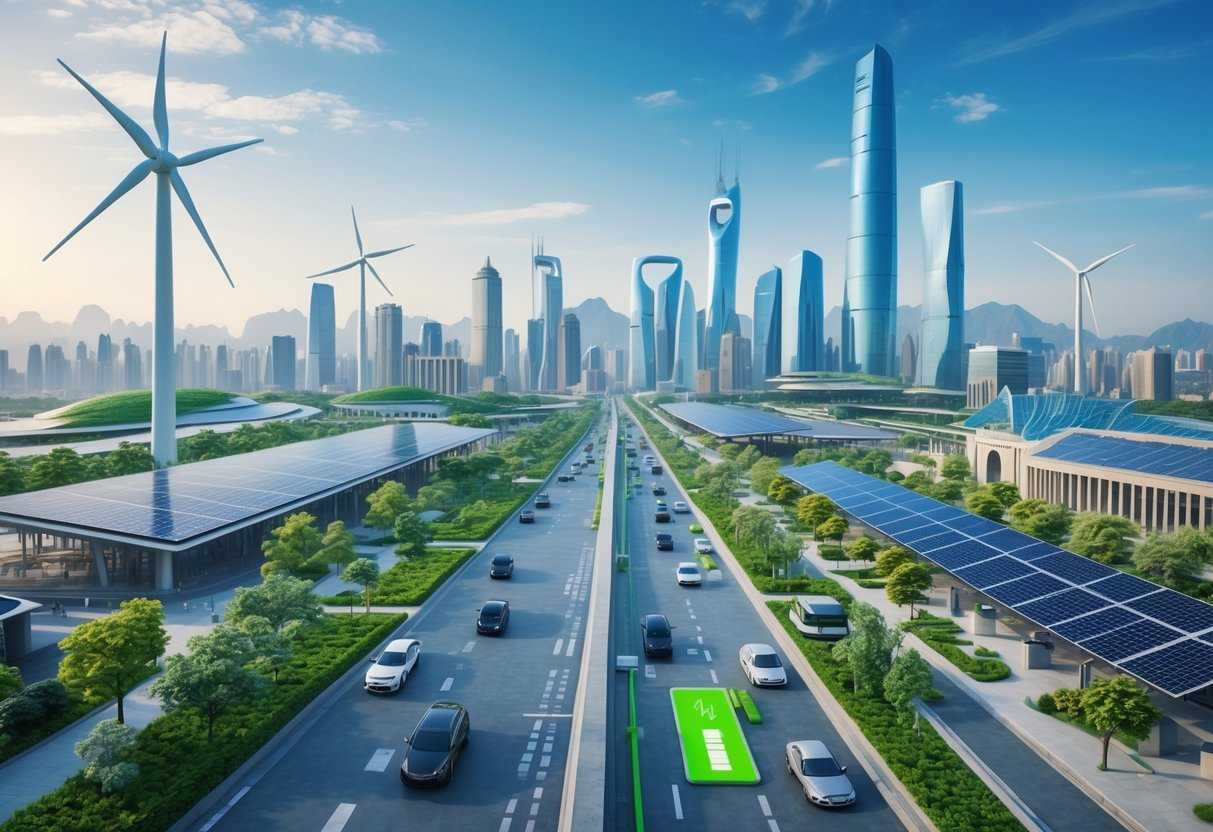Modern Chinese city skyline with green technology like solar panels and wind turbines, business professionals discussing eco-friendly innovations in the foreground.