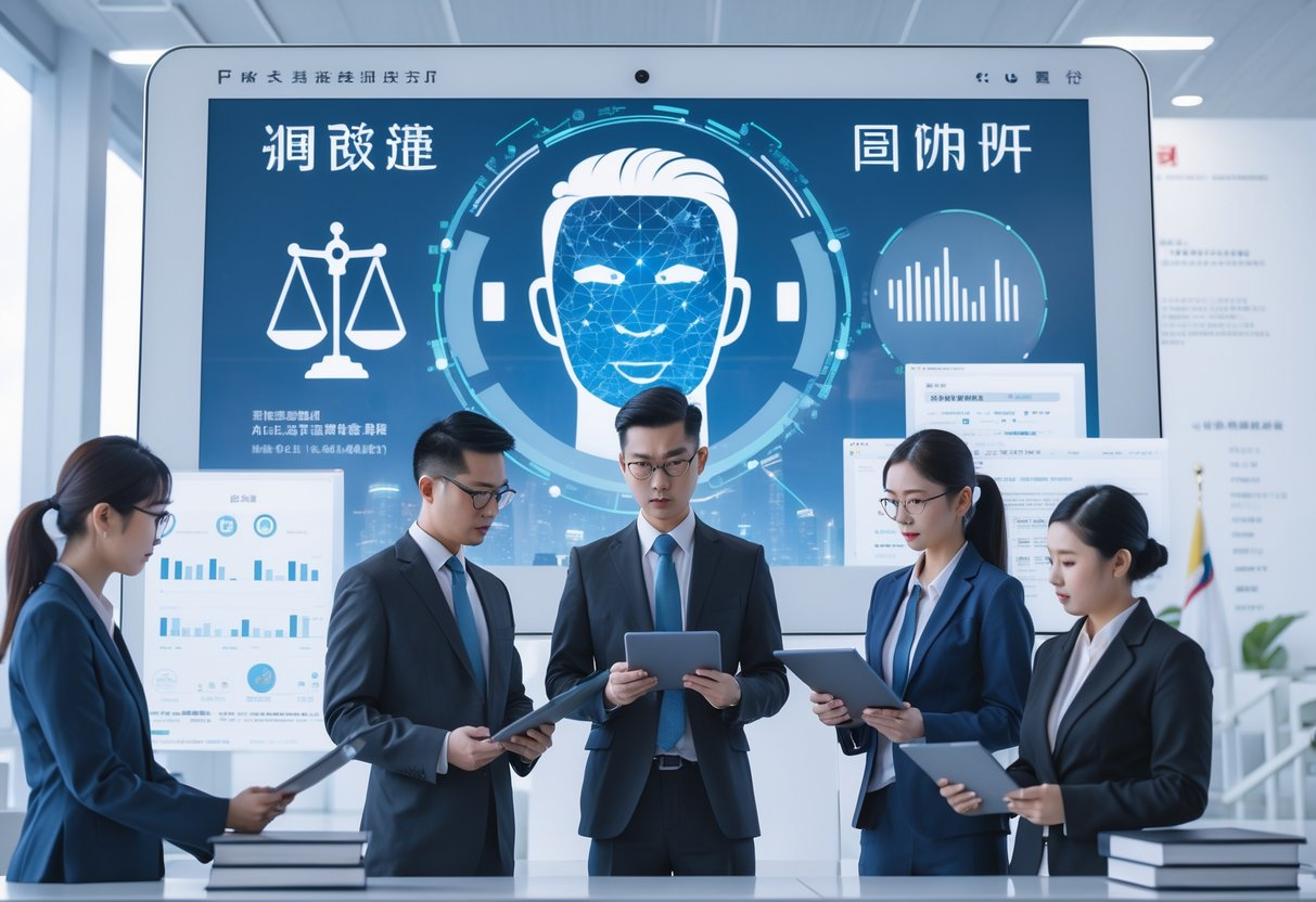 A group of Chinese professionals in a government office discussing facial recognition technology with legal symbols and a digital facial recognition interface in the background.
