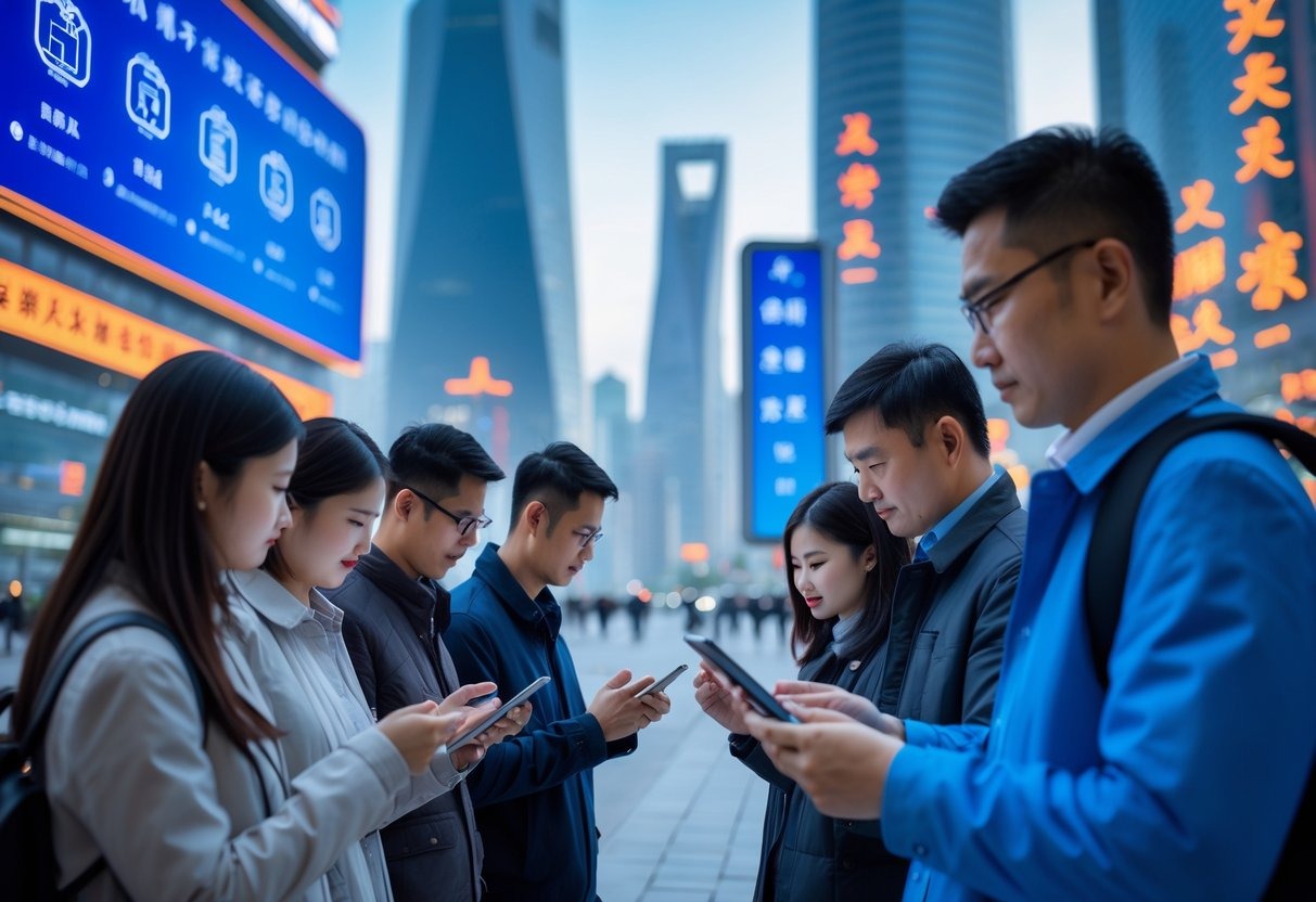 A group of people in a modern Chinese city using smartphones and tablets, with skyscrapers and digital icons in the background representing technology and data.