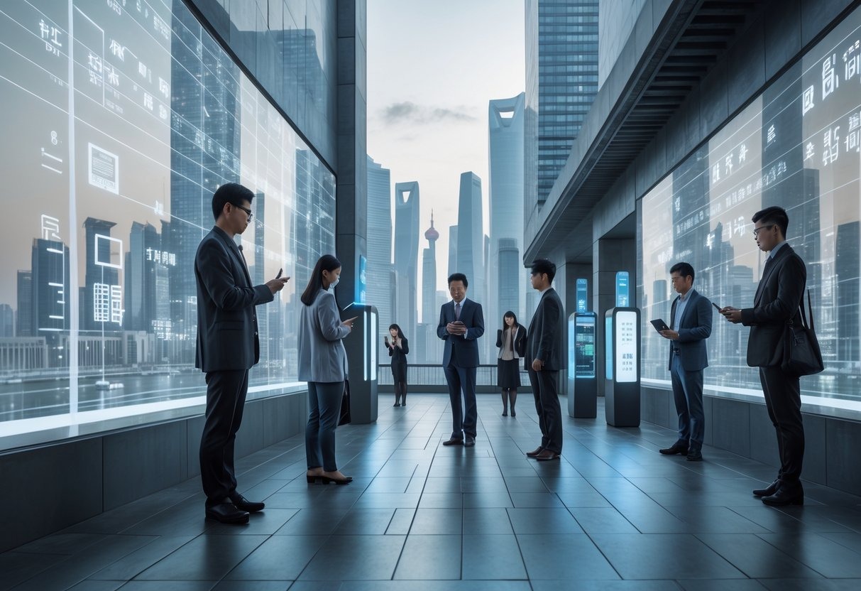 A modern Chinese city with people using smartphones and digital kiosks, overlaid with abstract biometric data and social credit score visuals.