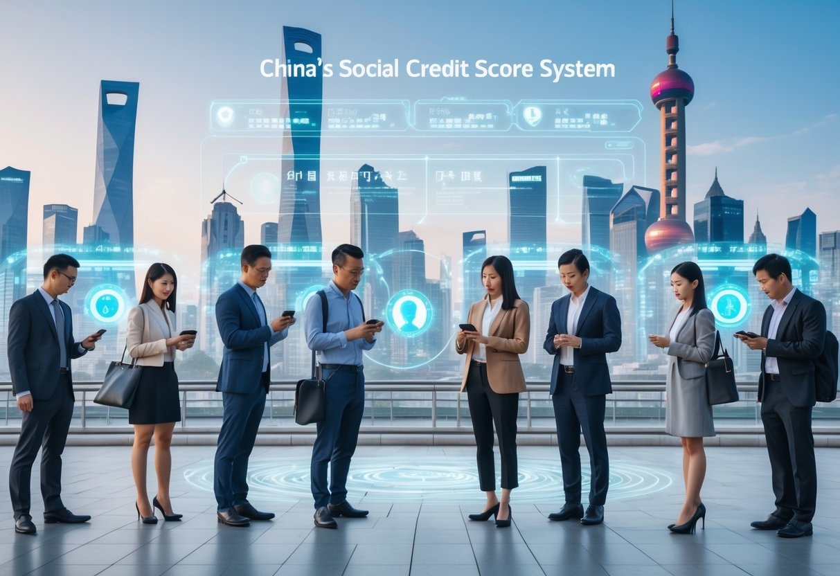 A modern Chinese city scene with people using digital devices and holographic interfaces displaying data and facial recognition icons, representing the social credit score system.