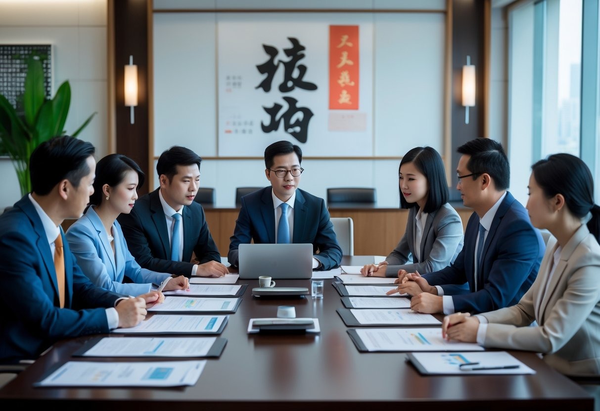 A group of business professionals in a modern conference room in China engaged in a discussion about resolving employment disputes.