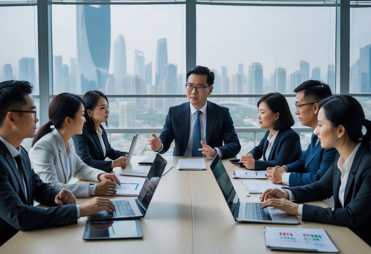 A group of business professionals in a modern office in China having a meeting about employment best practices.