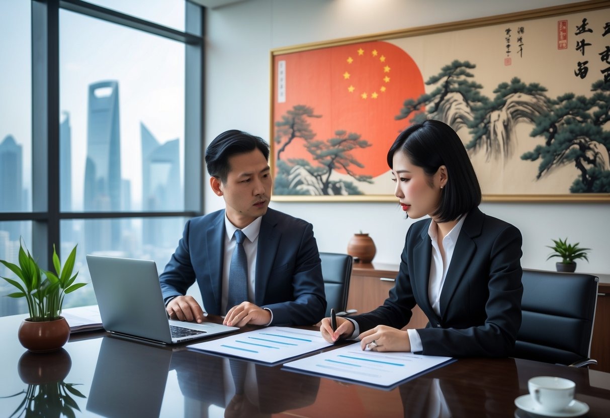 Two business professionals in an office discussing employment documents with a city skyline visible through large windows.