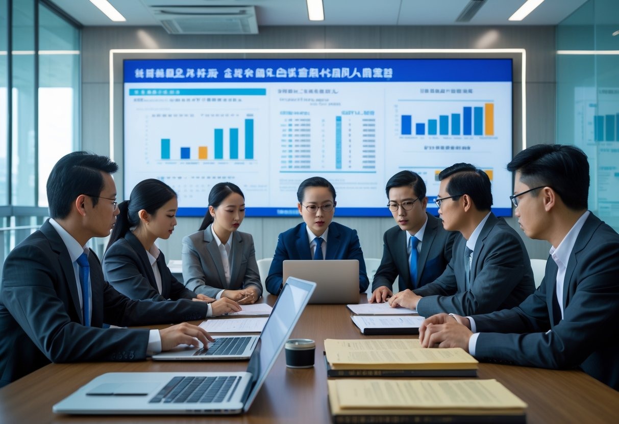 A group of business professionals discussing documents around a conference table in a modern office.