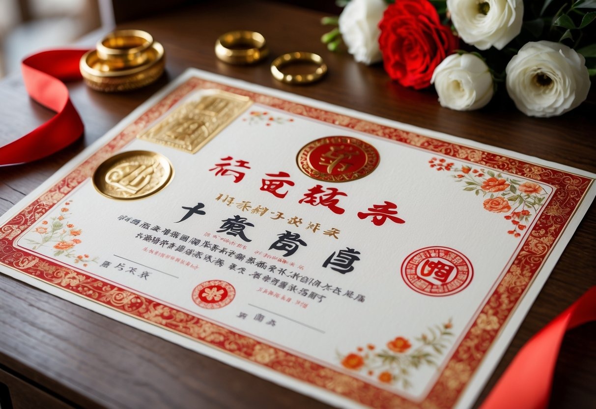A Chinese marriage certificate on a wooden table surrounded by wedding rings, a red ribbon, and a small bouquet of flowers.