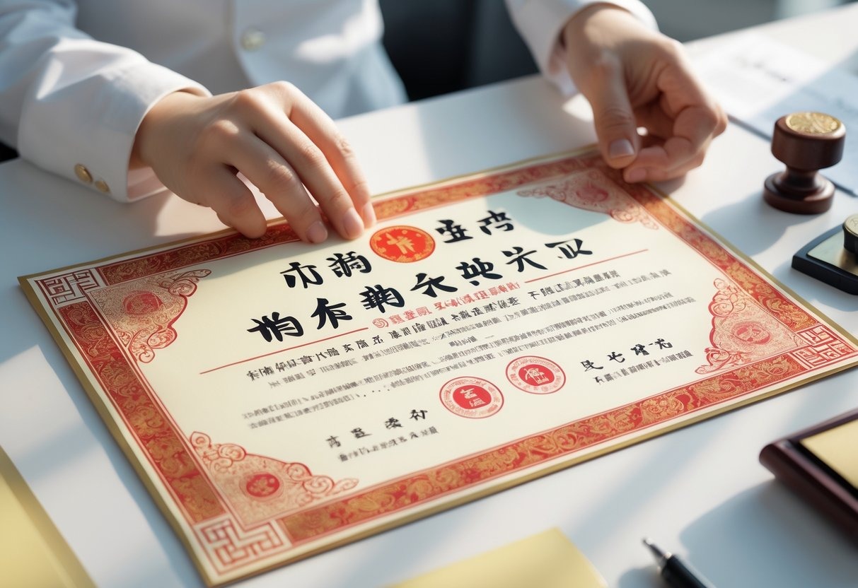 Close-up of hands holding a traditional Chinese marriage certificate with red and gold patterns in an office setting.