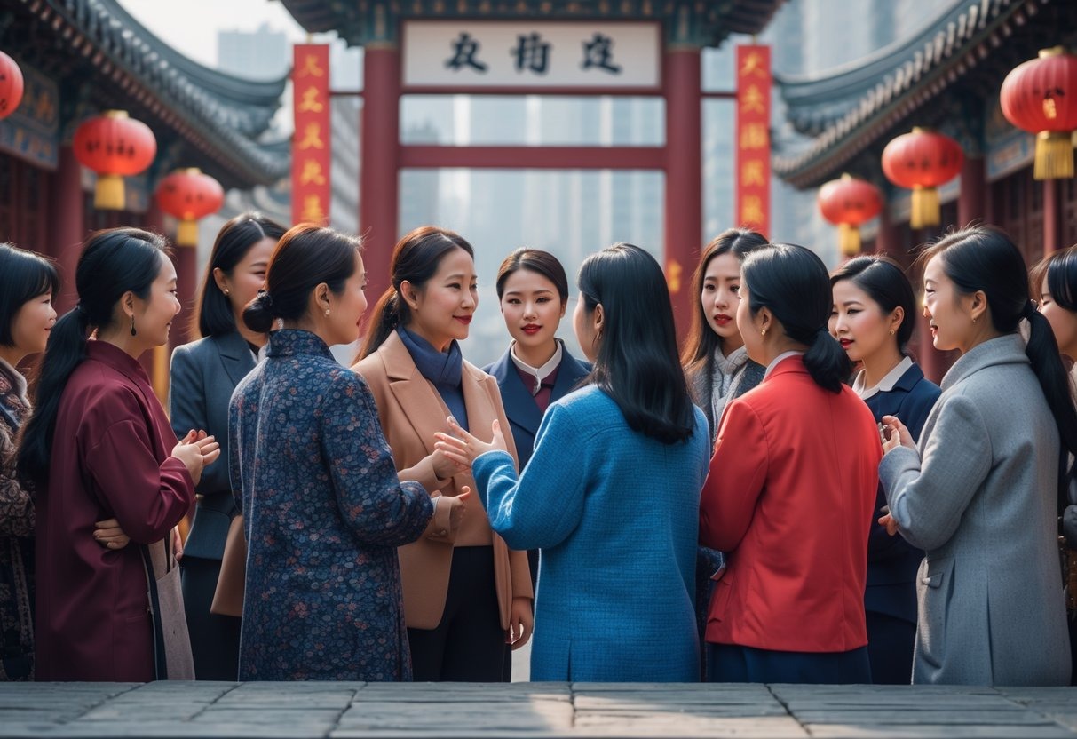 A group of Chinese women of various ages and backgrounds gathered outdoors in a city setting with traditional and modern architecture, engaged in a discussion.