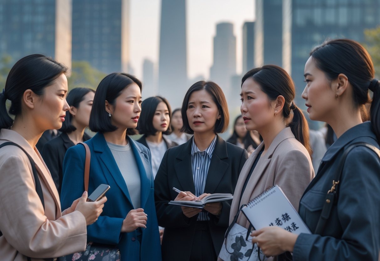 A group of Chinese women in a city setting, showing determination and unity as they discuss and support women's rights.