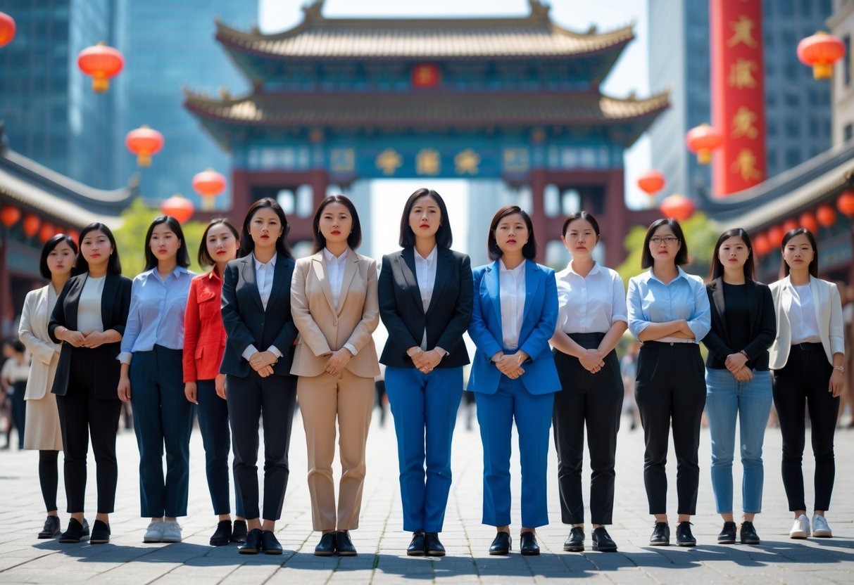 A group of Chinese women of different ages standing confidently together in a city setting with modern and traditional buildings in the background.