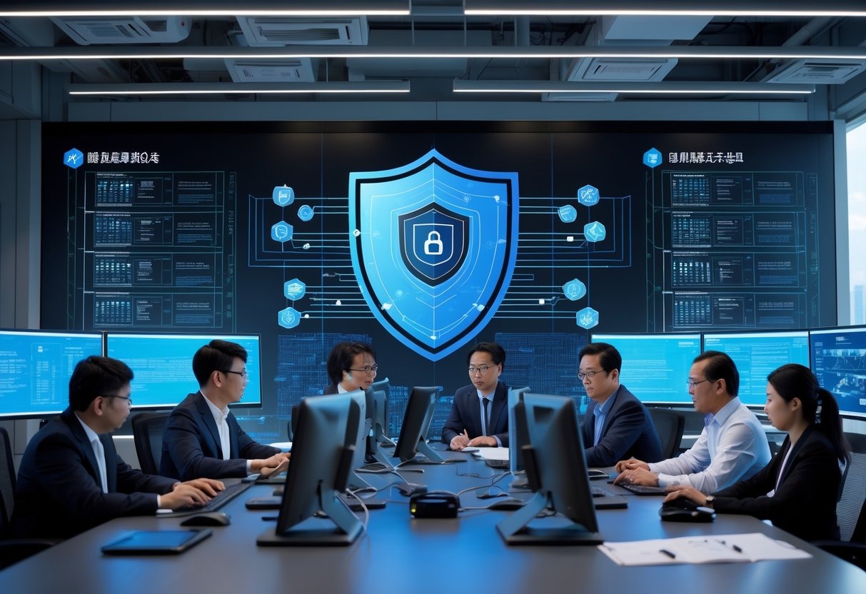 A group of Asian IT professionals in a modern office collaborating around computers with a large digital screen displaying a multi-layered shield graphic representing cybersecurity protection.