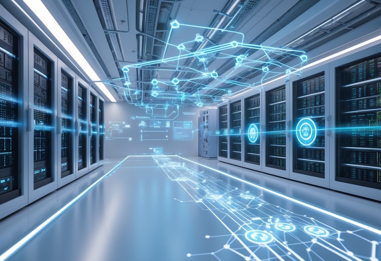 A detailed view of a modern network infrastructure with servers and glowing data connections representing advanced machine learning and networking technology.