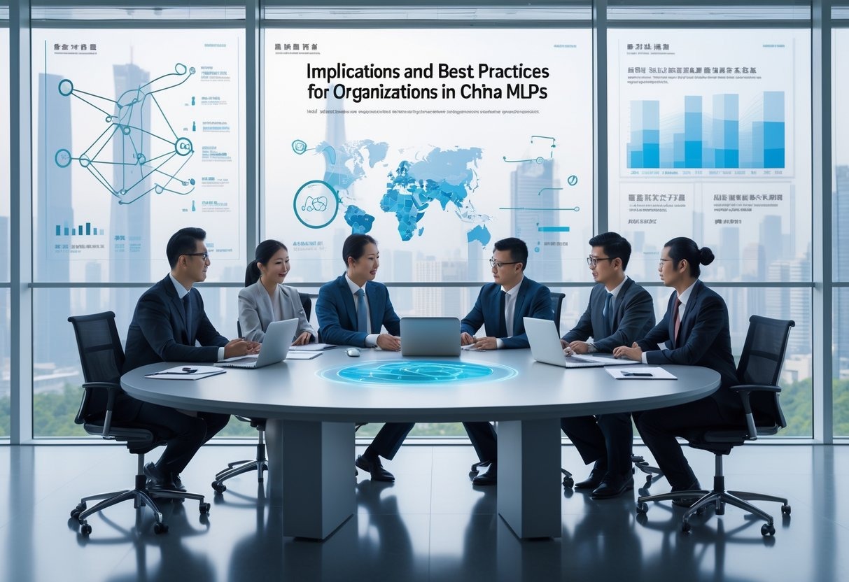 Business professionals collaborating in a modern office with digital screens showing charts and data, overlooking a city skyline.