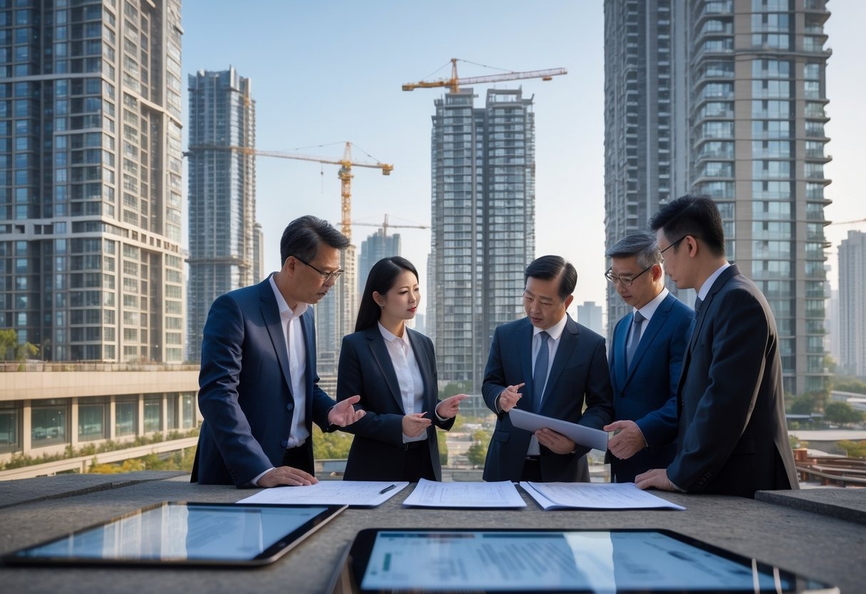 A group of Chinese business professionals and residents discussing near a construction site with high-rise buildings and cranes in the background.