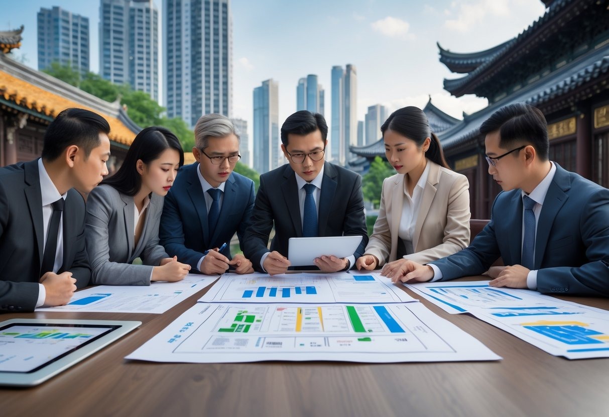 A group of business professionals discussing real estate documents around a table with Chinese buildings visible in the background.