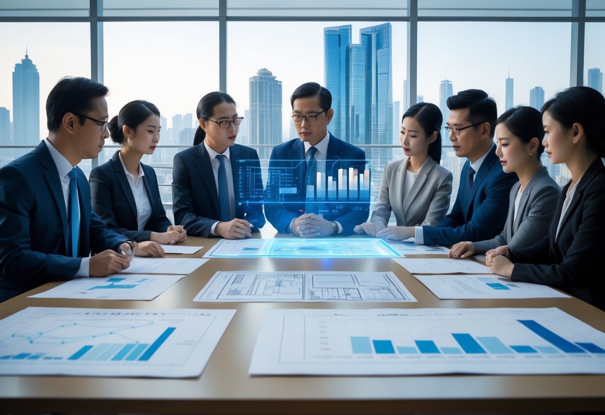 Business professionals in a modern office discussing real estate documents with a city skyline visible through large windows.