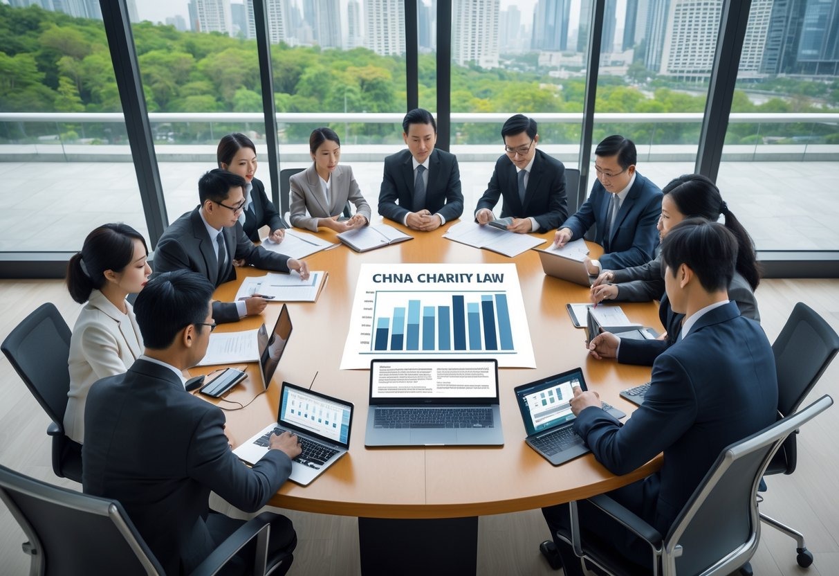 A group of Chinese professionals discussing documents around a conference table in a modern office with a cityscape visible through the window.