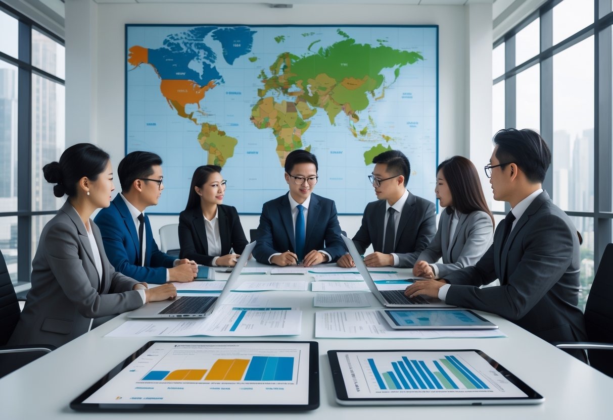 A group of professionals discussing documents around a conference table with a world map highlighting China in the background.