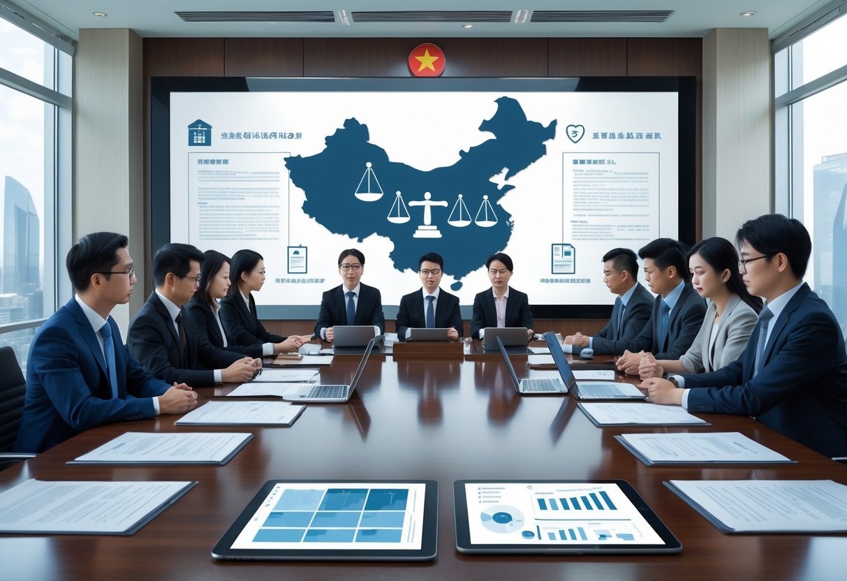 A group of Chinese legal professionals and charity representatives in a conference room discussing documents with a city skyline visible through large windows.