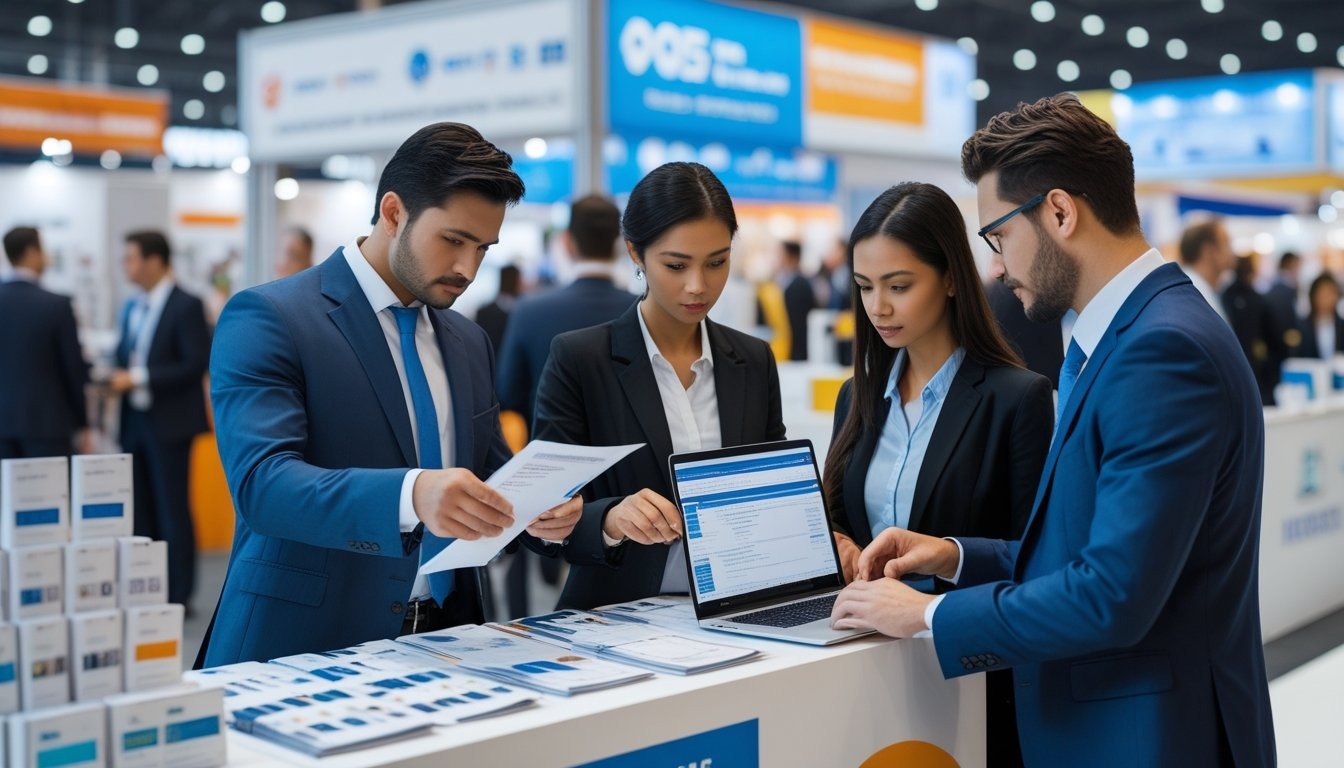 Business professionals reviewing documents and using a laptop at a trade fair booth with product samples, engaged in supplier verification.