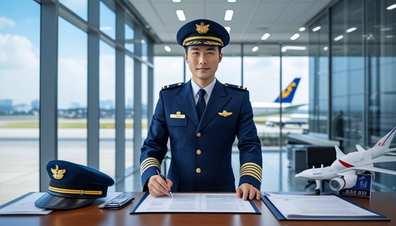 A Chinese airline captain in uniform reviewing a labor contract at a desk in an office with an airport runway visible through the window.
