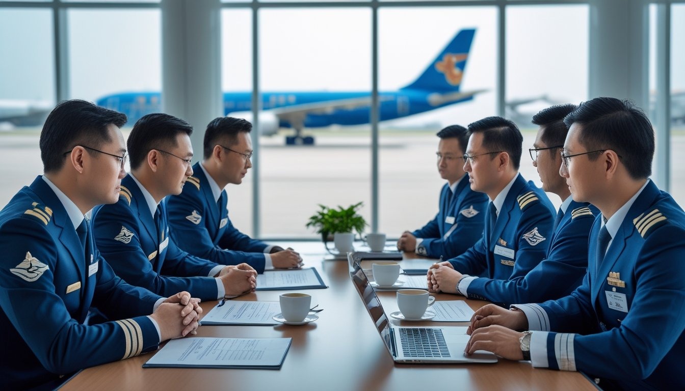Airline pilots and business professionals sitting around a conference table in a meeting room overlooking airplanes at an airport.