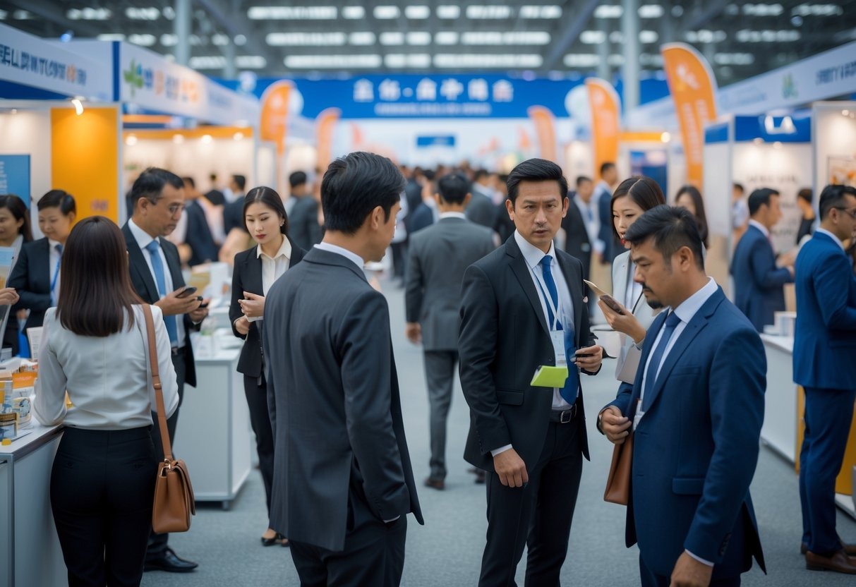 Business professionals interacting at a busy trade fair with one person watching another suspiciously among exhibition booths.