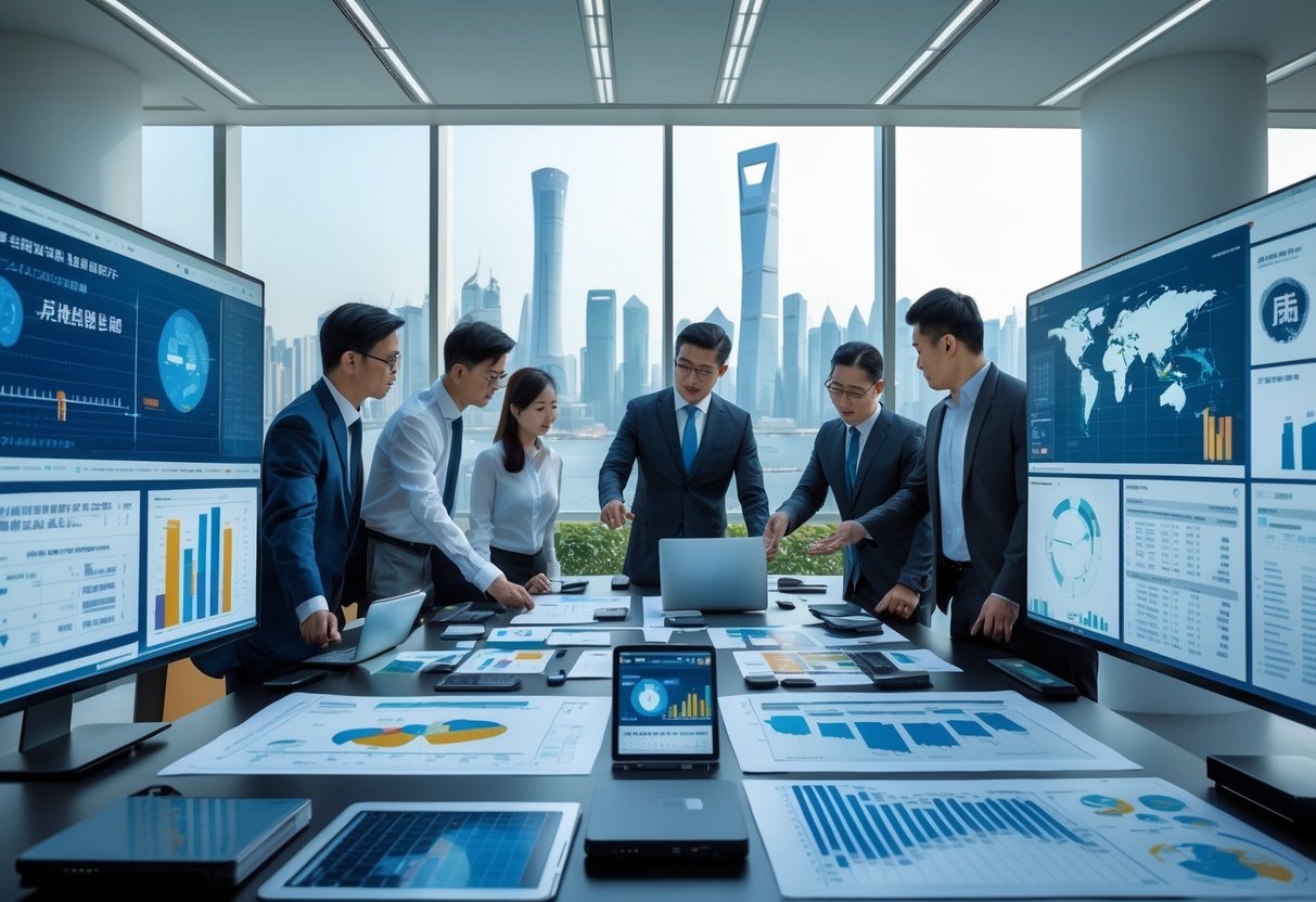 A diverse team of professionals collaborating in a modern office with digital devices and monitors showing financial data and maps of China, engaged in an asset recovery investigation.