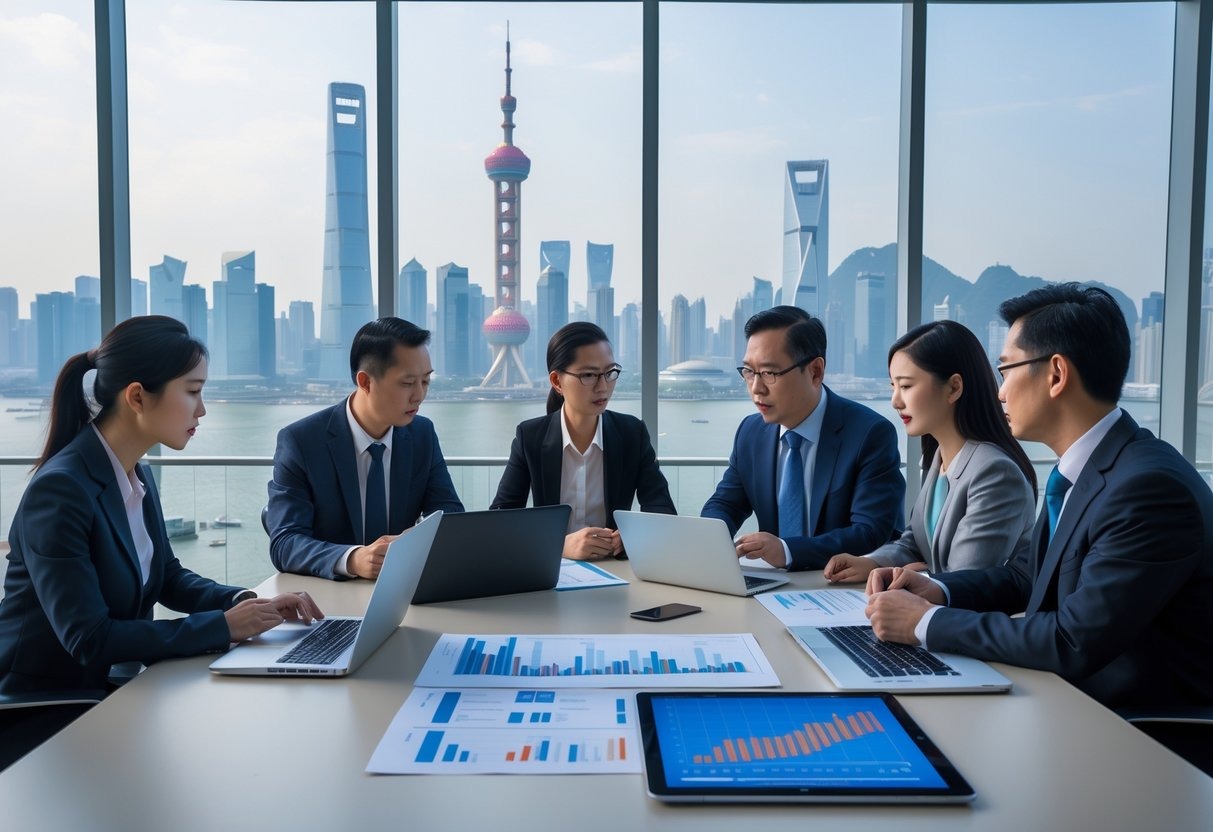 Business professionals in an office discussing financial documents with a city skyline visible through large windows.