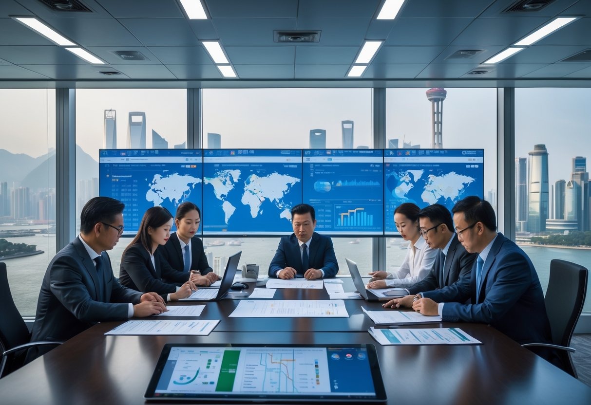 A group of diverse business professionals collaborating in a modern office with a view of a Chinese city skyline, reviewing documents and digital data related to asset recovery investigations.