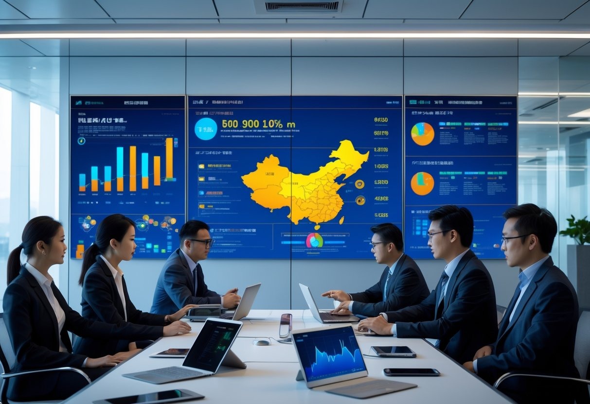 A group of business professionals collaborating around a conference table with digital devices and data screens in a modern office setting focused on asset recovery investigations in China.