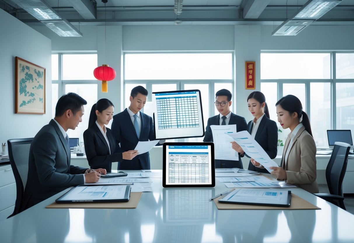 Business professionals in a modern office reviewing documents and digital devices with Chinese cultural elements visible in the background.