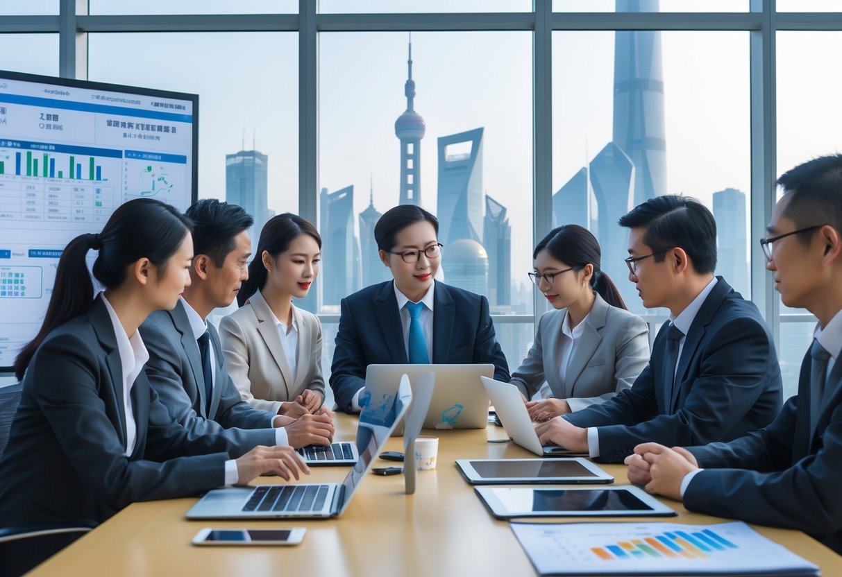 Business professionals in a modern office in China having a meeting about ISO compliance with city skyscrapers visible through large windows.