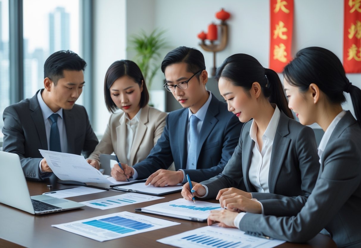 Business professionals in a modern office meeting, reviewing documents and laptops related to certification and compliance.