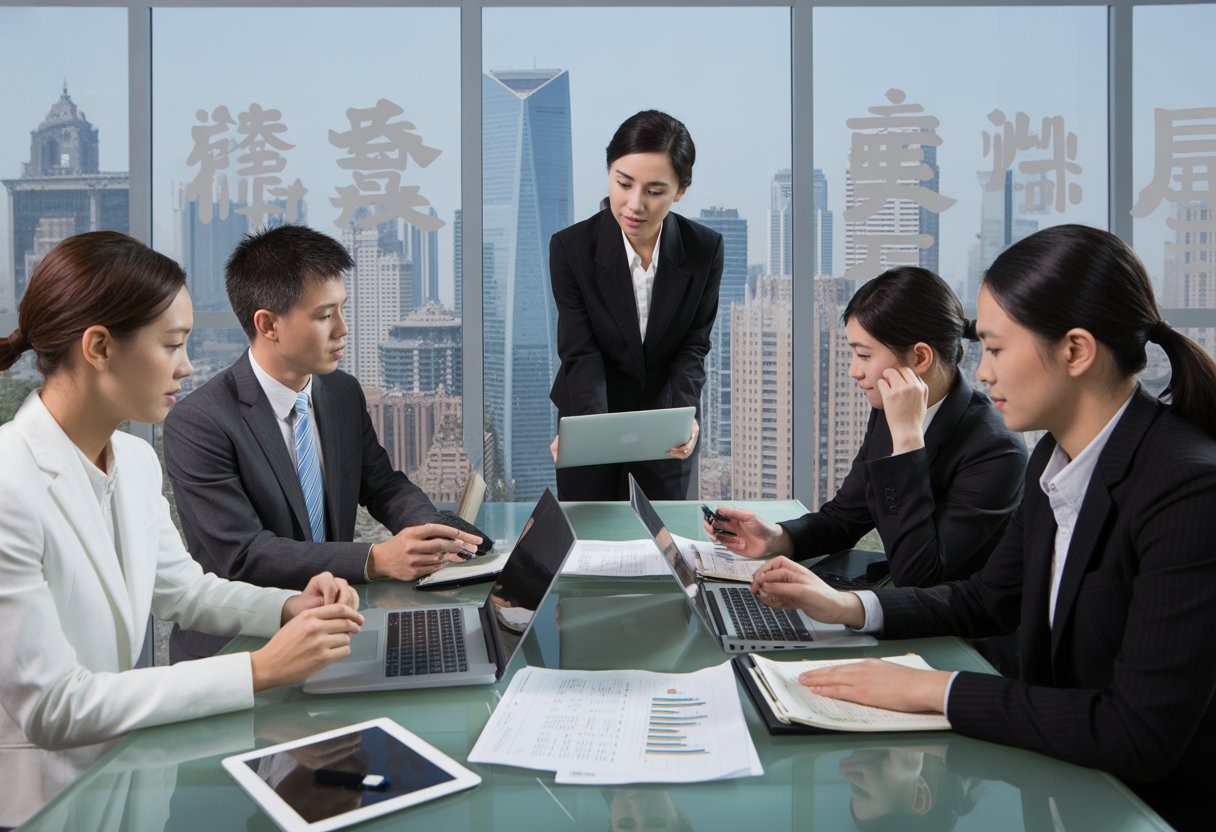 A group of business professionals in a modern office having a meeting with laptops and financial documents, overlooking a city skyline.