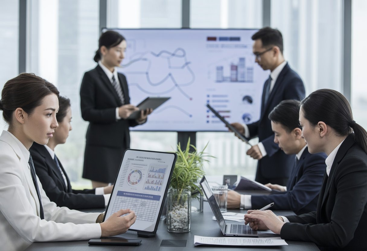 A group of Chinese business professionals in a modern office meeting around a table with laptops and documents, discussing internal audit processes with data visualizations on a large screen in the background.