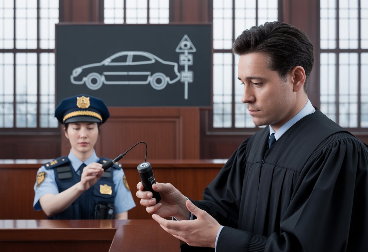 A judge and police officer in a Chinese courtroom discussing impaired driving laws with a breathalyzer device visible.