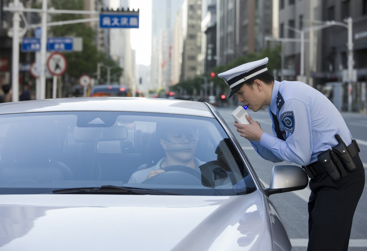 A police officer in uniform administering a breathalyzer test to a driver on a city street in China.