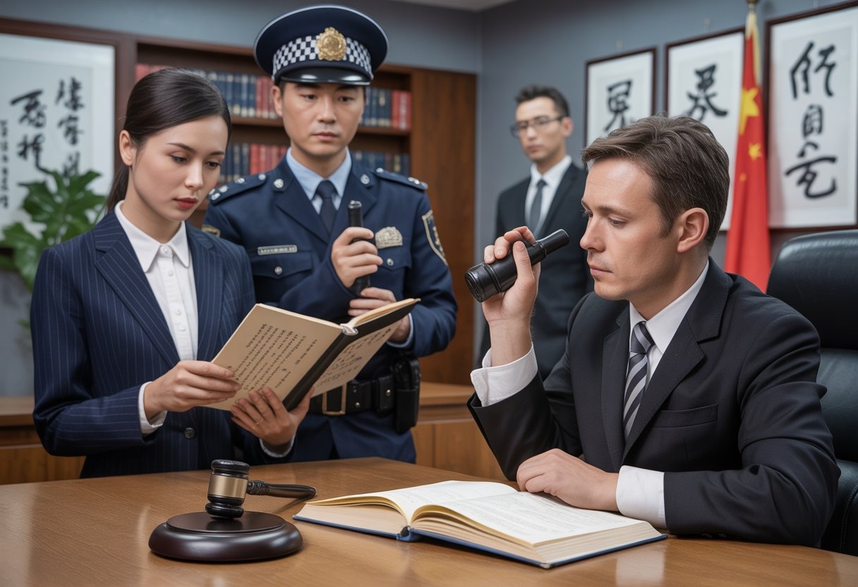 A Chinese lawyer, police officer, and judge in a courtroom setting reviewing legal documents and a breathalyzer device.