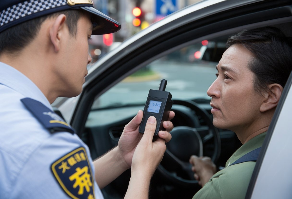 A police officer in a Chinese uniform administering a breathalyzer test to a driver inside a car on a city street at night.