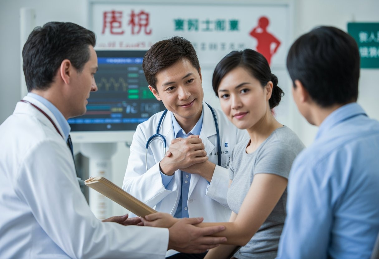 A Chinese doctor attentively speaking with a patient in a modern hospital room, showing a caring and professional healthcare interaction.