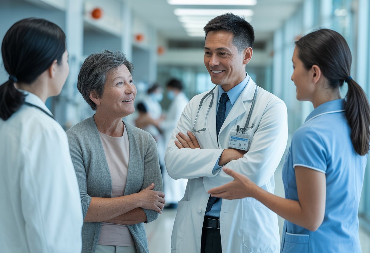 A Chinese doctor talking with a patient and family member in a modern hospital corridor, showing a caring and respectful interaction.