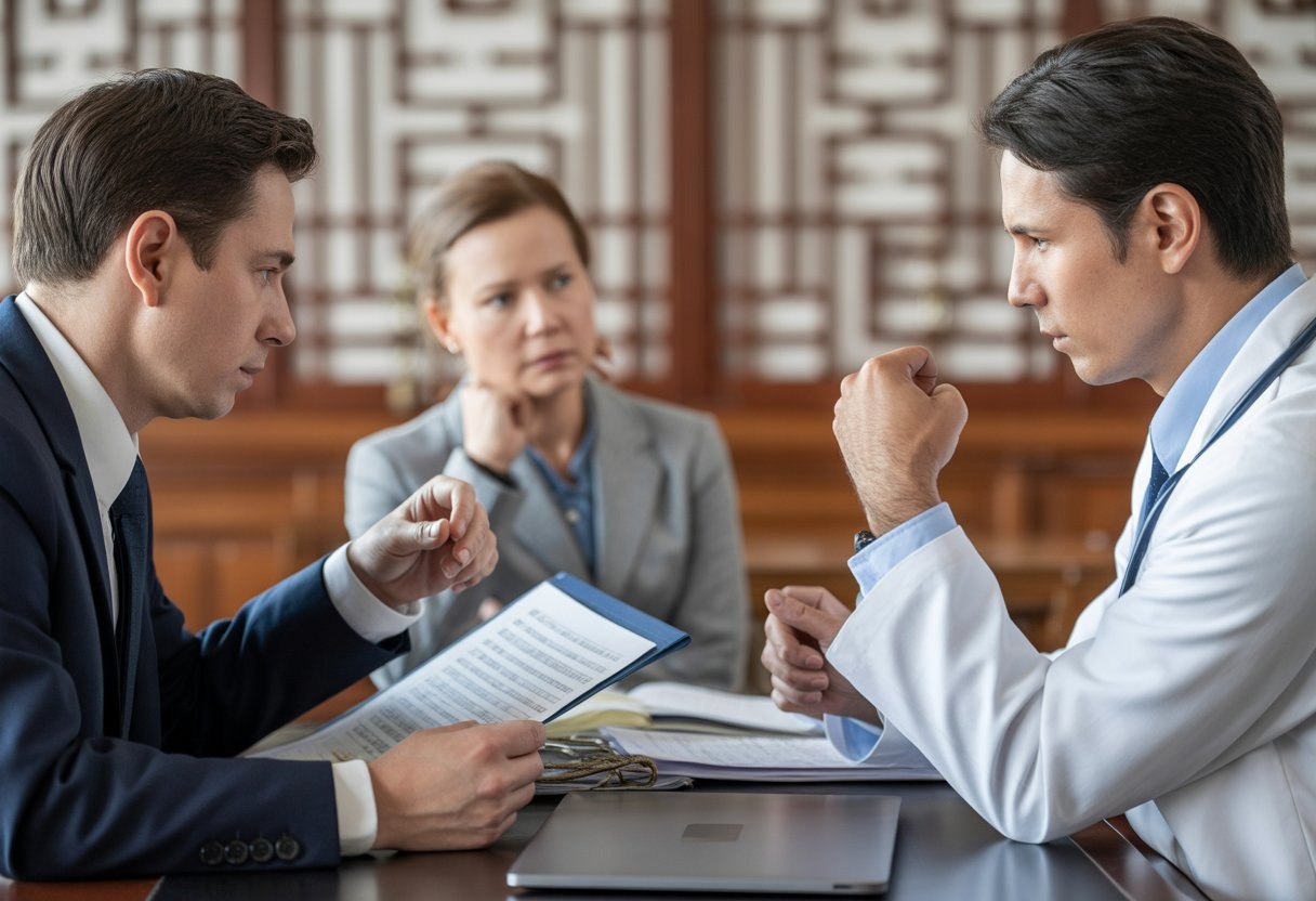 A group of professionals including a lawyer, a medical expert, and a patient discussing medical documents in a modern Chinese legal office.