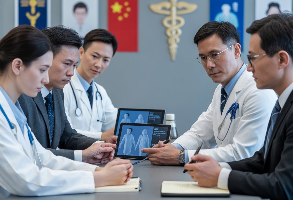 A group of Chinese doctors and lawyers discussing medical documents in a modern conference room.