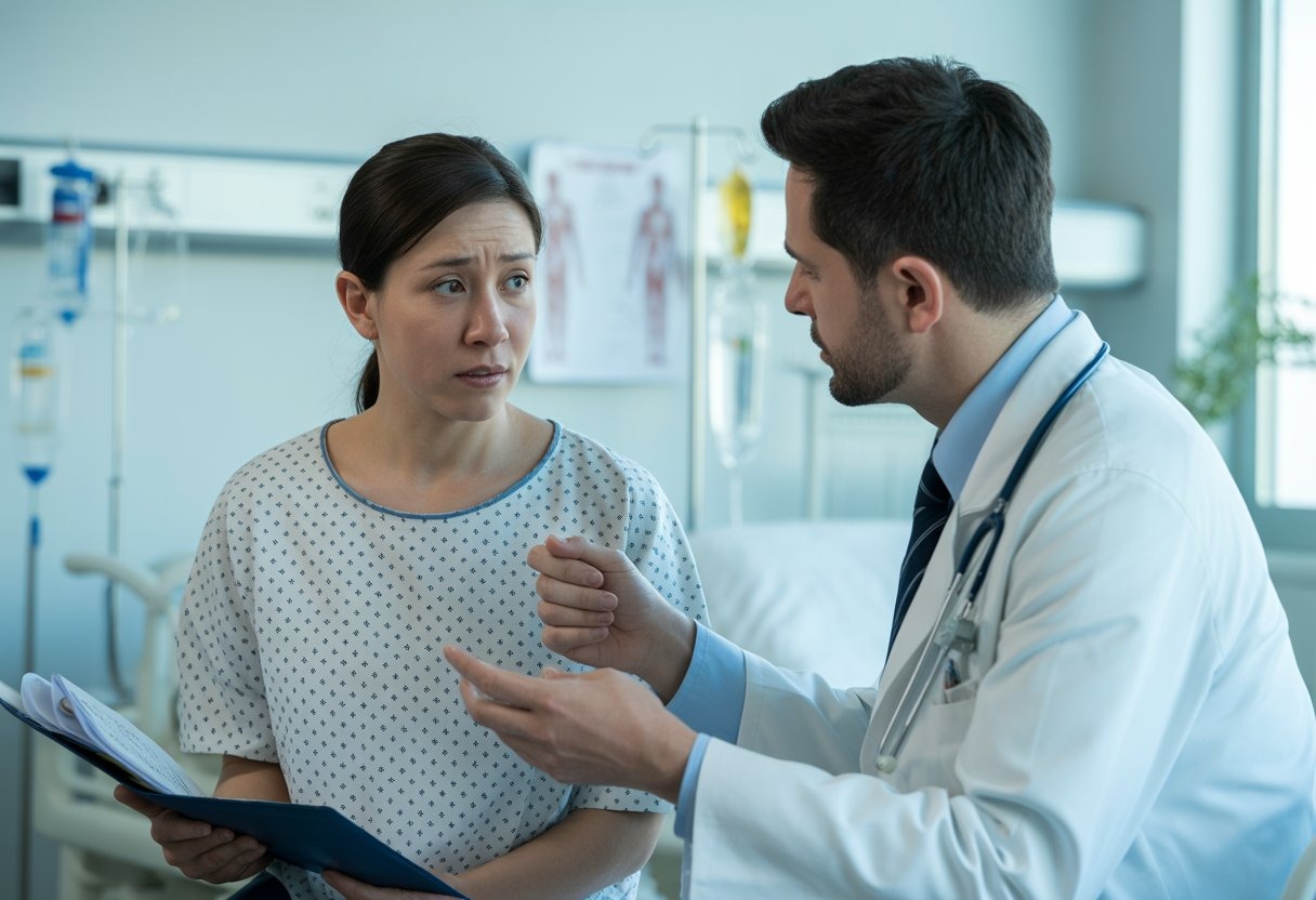 A patient and a healthcare professional having a serious discussion in a hospital room.