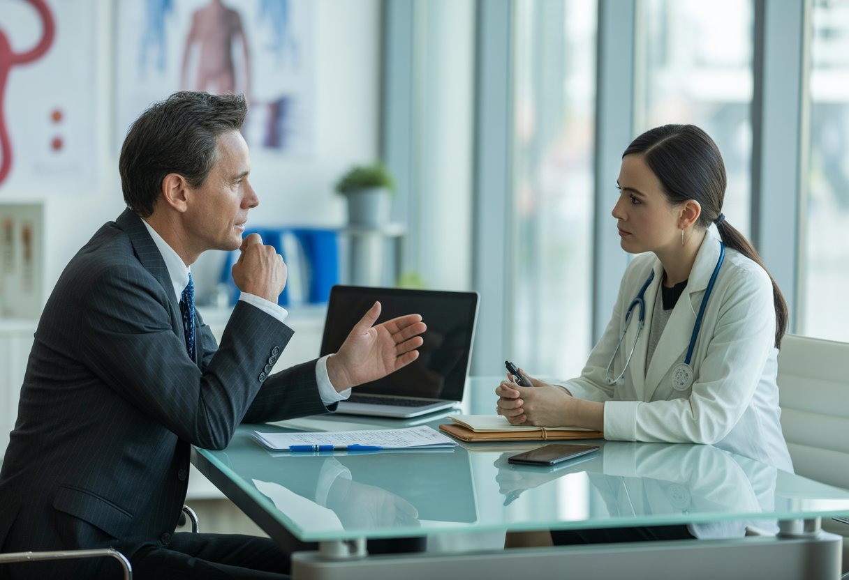 A Chinese lawyer and a patient discussing hospital negligence compensation in a modern office with medical items on the table.