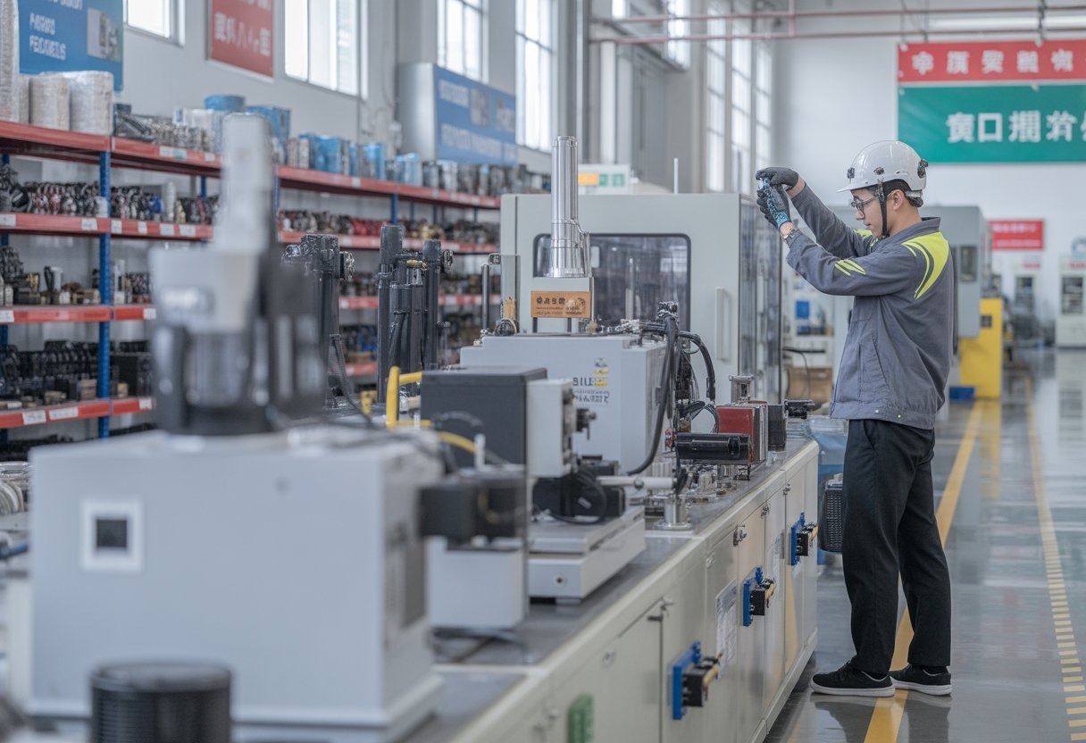 A technician inspects industrial machinery in a clean factory setting with shelves of equipment in the background.