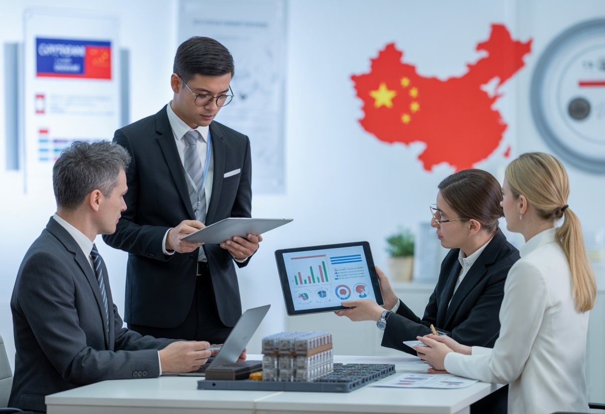 A team of professionals in an office reviewing documents and digital tablets related to product compliance and quality standards.