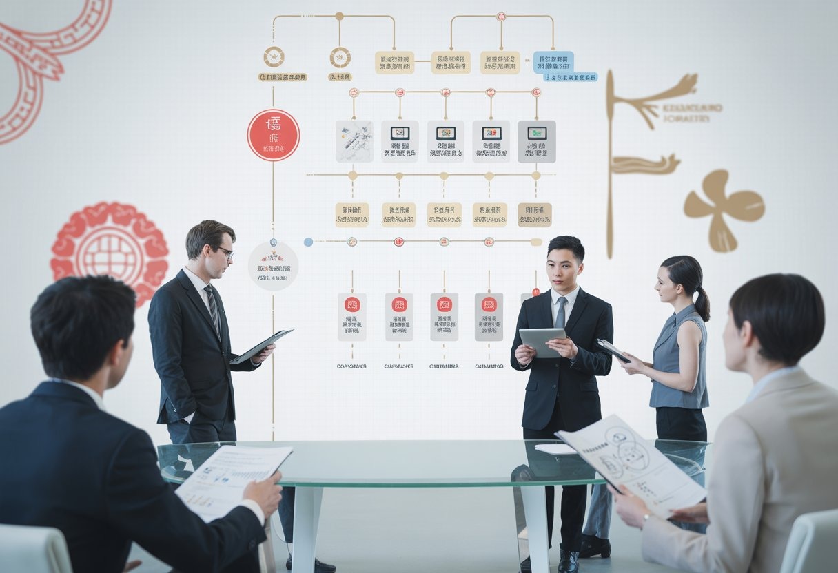 A group of professionals in a modern office reviewing a large digital organizational chart showing different levels and categories of Chinese product compliance standards.