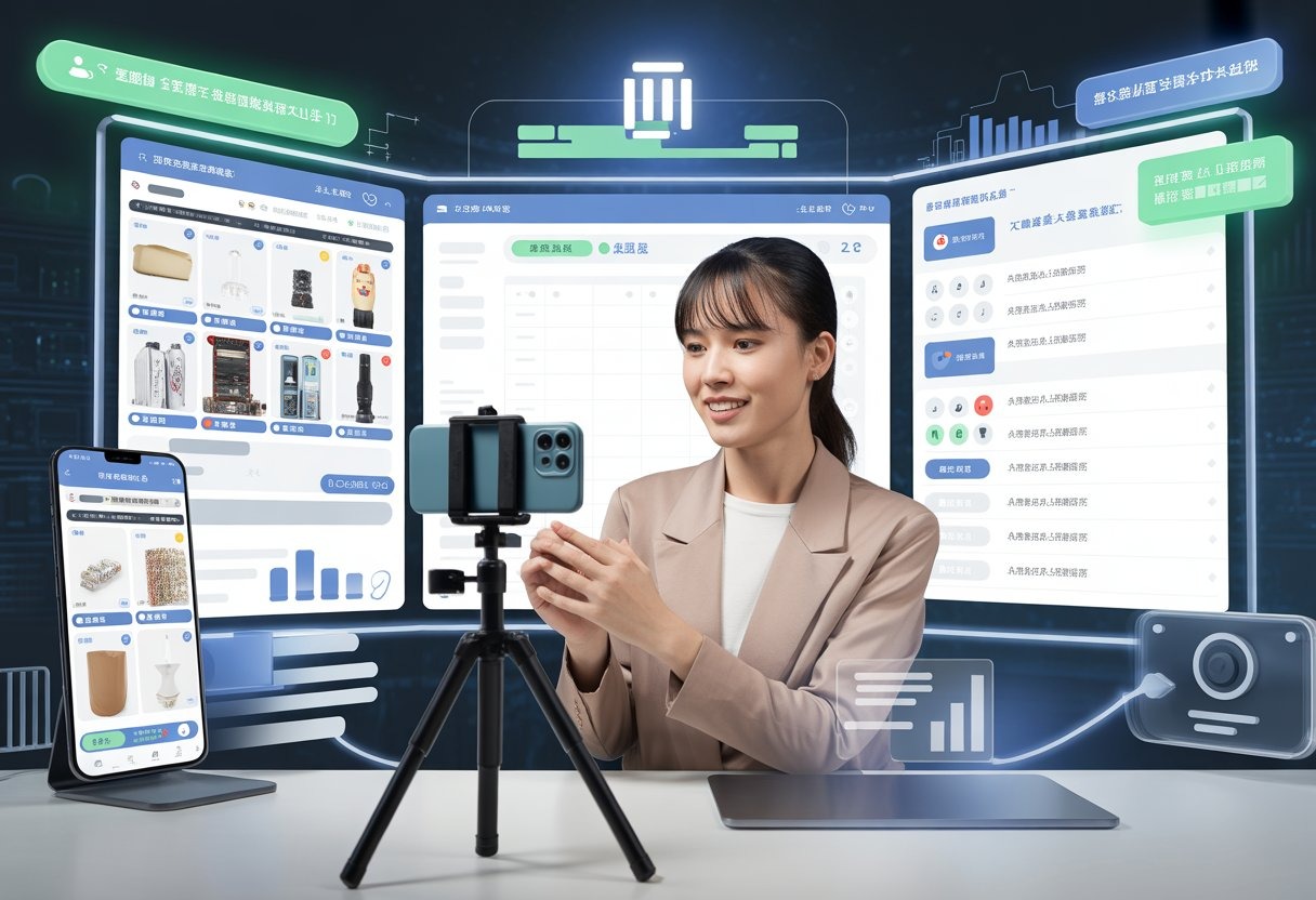 A young Chinese presenter in a modern livestream studio with multiple screens showing product and compliance information.